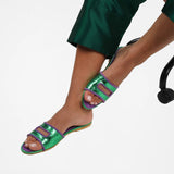 Cleo Green Metallic Slide Sandals