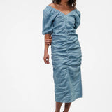 Linen Off-Sholder Blue Dress