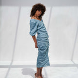Linen Off-Sholder Blue Dress