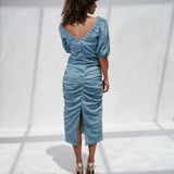 Linen Off-Sholder Blue Dress