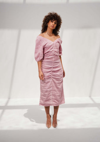 Linen Off-Shoulder Pink Dress