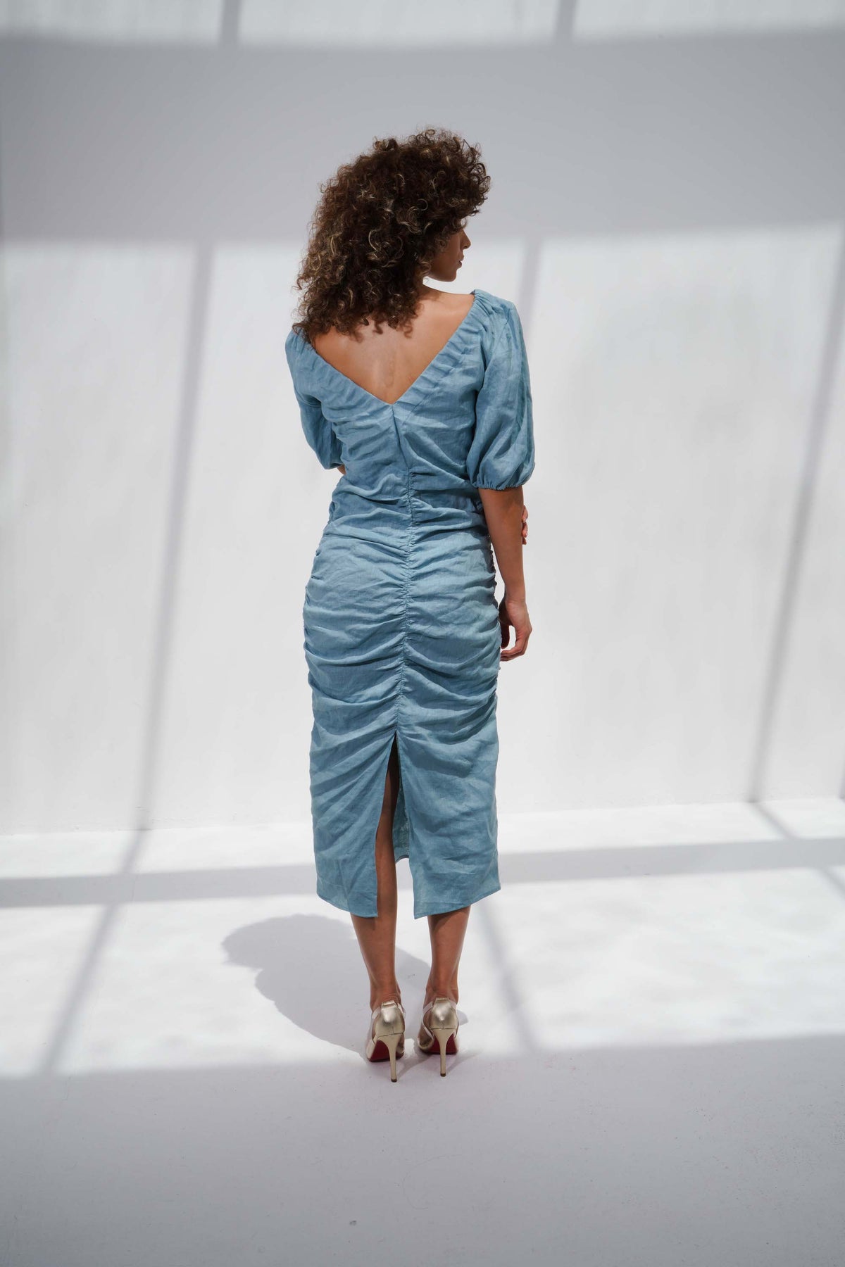 Linen Off-Sholder Blue Dress